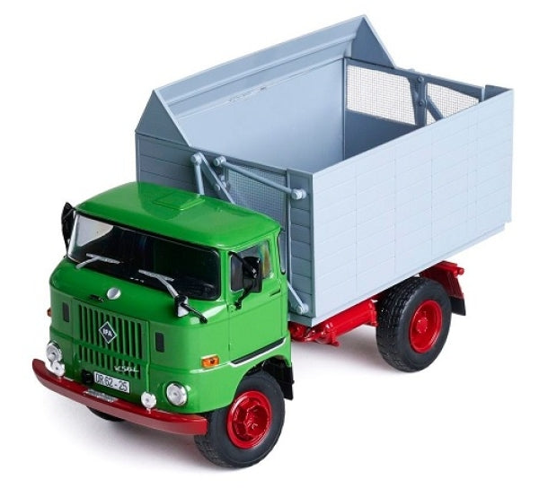Green and gray diecast model truck with red wheels, 1:18 scale collectible vehicle