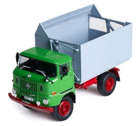 1:18 scale green and red diecast model dump truck with open cargo bed