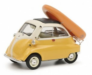 Yellow and white diecast microcar model with orange raft on roof, collectible scale car