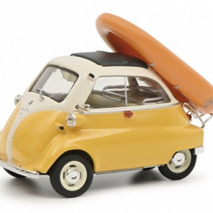 Yellow and white diecast model car with roof rack and orange surfboard, 1:18 scale collectible