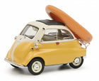 Yellow and white diecast model car with roof rack and orange surfboard, 1:18 scale collectible