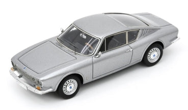 Silver diecast model car coupe in 1:18 scale, vintage style with detailed features