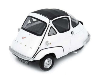 White vintage microcar diecast model with black roof and detailed license plate, 1:18 scale.