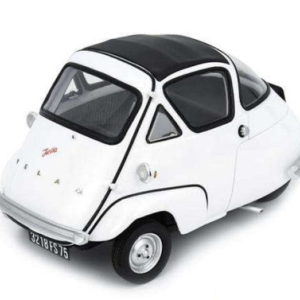 White microcar diecast model with black roof and detailed rear license plate, 1:18 scale