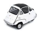 White microcar diecast model with black roof and detailed rear license plate, 1:18 scale