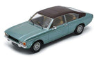 1:18 scale diecast model car, vintage coupe, metallic blue with black roof, detailed interior