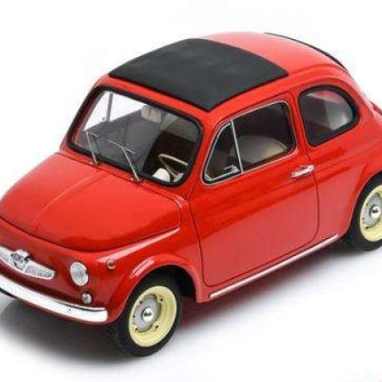Red vintage Fiat 500 diecast model car with black roof, detailed 1:18 scale collectible.