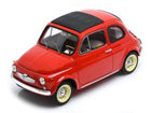 Red vintage Fiat 500 diecast model car with black roof, detailed 1:18 scale collectible.