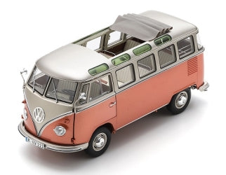 1:18 scale diecast Volkswagen VW T1 Bus model in coral and cream with open roof detail