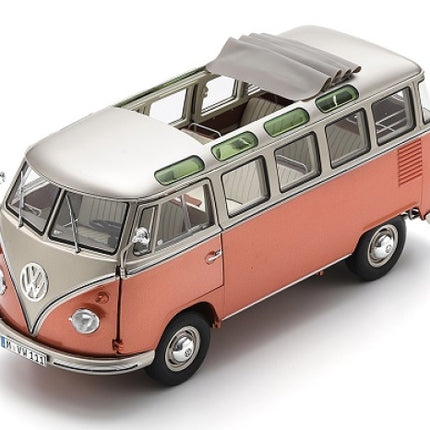 1:18 scale diecast classic VW T1 Bus model in two-tone pink and silver with open roof detail