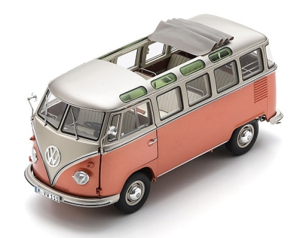 1:18 scale diecast classic VW T1 Bus model in two-tone pink and silver with open roof detail