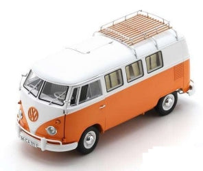 Orange and white VW van diecast model with roof rack, collectible scale model car