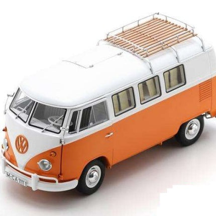Orange and white diecast model VW camper van with roof rack, scale model car