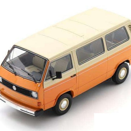 1:18 scale diecast model of orange and cream vintage VW van with detailed exterior