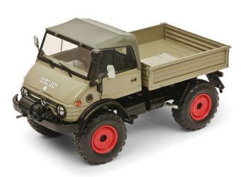 Diecast model classic utility truck with beige cab, red wheels, and open cargo bed on white background