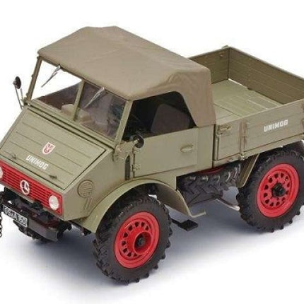 Diecast model of olive green Mercedes Unimog truck with red wheels and canvas top
