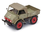 Diecast model of olive green Mercedes Unimog truck with red wheels and canvas top