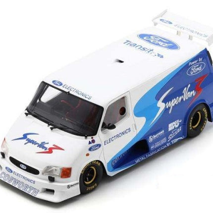 1:18 scale diecast Ford Transit Supervan 3 model, white with blue and red racing decals