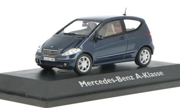 1:43 scale diecast model of Mercedes-Benz A-Klasse in dark blue on display stand