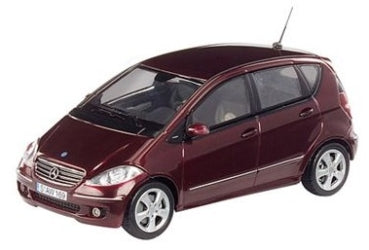 1:18 scale diecast model car, maroon Mercedes-Benz hatchback, detailed exterior
