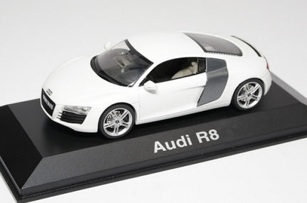 White Audi R8 diecast model car on display stand, detailed 1:43 scale collectible.