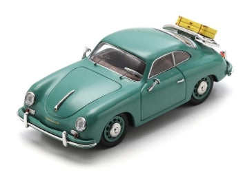 Green diecast classic model car with silver bumpers and yellow luggage rack on rear