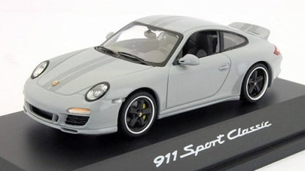 Diecast 1:18 scale Porsche 911 Sport Classic model car in light grey with black base display