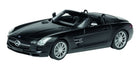 Black convertible diecast model car, 1:18 scale, detailed wheels and interior on white background.
