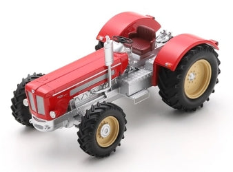 Red and silver diecast model tractor with black tires, 1:18 scale collectible toy
