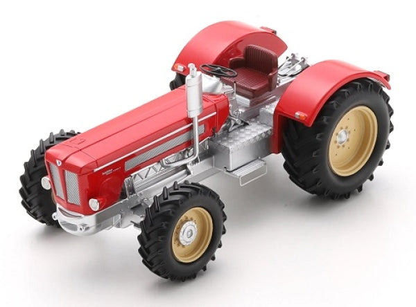 Red diecast model tractor with detailed engine, chrome accents, and large rubber wheels