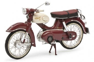 Diecast model vintage motorcycle in burgundy and cream with chrome accents on white background.