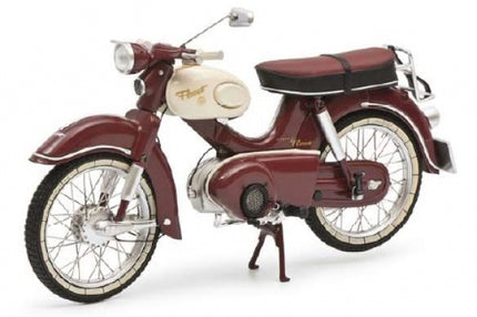 Diecast scale model vintage motorcycle in burgundy and cream with detailed features