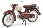 Diecast scale model vintage motorcycle in burgundy and cream with detailed features