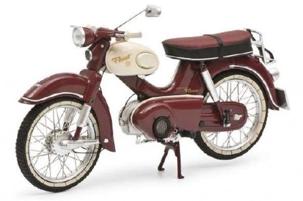 Diecast scale model vintage motorcycle in burgundy and cream with detailed features