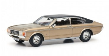 Gold diecast model car with black roof, two-door coupe, displayed on white background