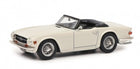White diecast model convertible car in 1:18 scale with detailed interior and chrome wheels
