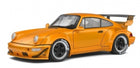Orange diecast model car with wide body kit, black wheels, and large rear wing, 1:18 scale