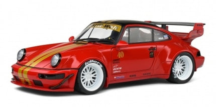 Red diecast model car with gold racing stripes, number 40, wide body kit and rear wing