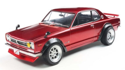 Red diecast model car with black fender flares and chrome wheels on white background
