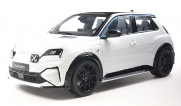 White 1:18 scale diecast model car with black accents and detailed wheels, hatchback style
