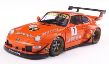 1:18 scale orange Porsche race car model with rear wing, racing decals, and blacked-out wheels