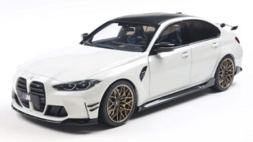 1:18 scale white diecast model sports car with black roof and bronze wheels