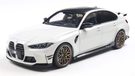 1:18 scale white diecast BMW M3 model car with black roof and bronze wheels