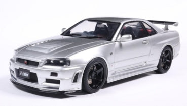 1:18 scale silver Nissan Skyline GT-R R34 diecast model car with black wheels and rear spoiler
