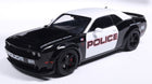 1:18 scale diecast black and white police model car with 'POLICE' text and detailed rims