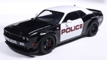 1:18 scale diecast Dodge Challenger police car model, black and white with police decals