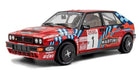 1:18 scale red rally diecast car model with racing decals and Martini livery on white background.