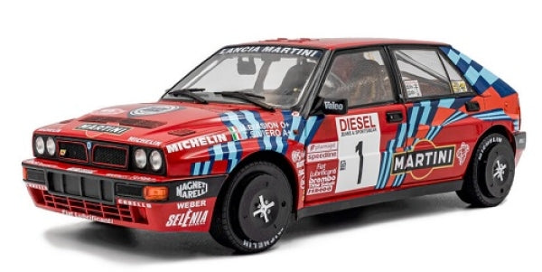 1:18 scale red rally diecast car model with racing decals and Martini livery on white background.