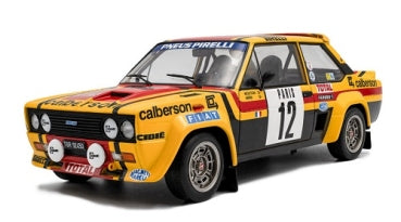 Diecast 1:18 scale Fiat 131 Abarth rally car model with yellow and red racing livery, number 12.