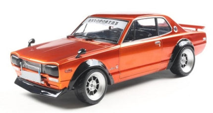 Diecast model car in metallic orange, 1:18 scale classic sports coupe with black accents